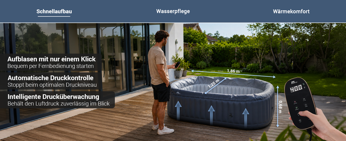 Aufblasbarer Whirlpool auf einer Terrasse mit Fernbedienung und eingeblendeten Ma&szlig;en von 1,86 &times; 1,25 &times; 0,68 m. Die Darstellung hebt den schnellen Aufbau per Knopfdruck, automatische Druckkontrolle und intelligente Druck&uuml;berwachung hervor.